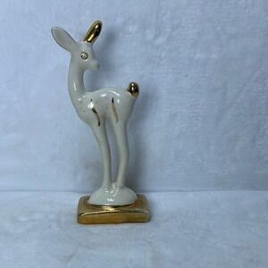Vintage Signed White & Gold Ceramic Fawn Deer Figurine MCM Decor, Home Decor